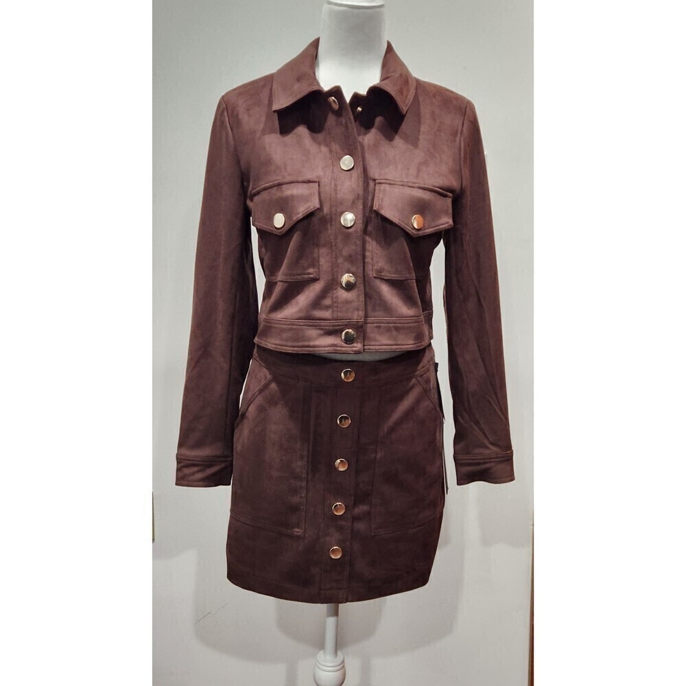 Nwt House of Harlow 1960 Revolve Brown Micro Suede Cropped Jacket & Mini Skirt